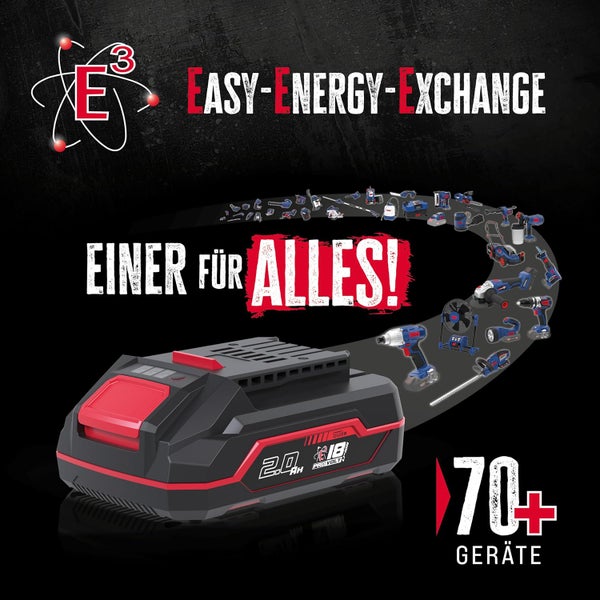 Güde Logo und E3 Logo. 18 Volt Akku mit 2,0 Amperestunden für über 70 verschiedene Geräte des Easy Energy Exchange Systems.