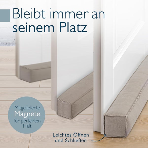 Magnetischer Tür-Zugluftstopper, der dank integrierter Magnete beim Öffnen und Schließen fest am Türblatt haften bleibt.