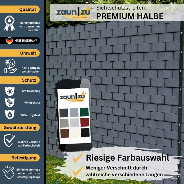 Zaun zu Sichtschutzstreifen Premium Halbe, hergestellt in Deutschland, mit UV-Schutz, Windschutz, Witterungsbeständigkeit und fünf Jahre Garantie auf Farbechtheit
