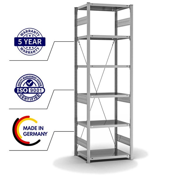 PROREGAL Fachbodenregal Stecksystem T-Profil Medium-Duty Grundregal HxBxT 250 x 75 x 50 cm 6 Ebenen Fachlast 230 kg Einseitig Nutzbar Verzinkt