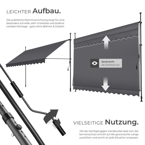 Klemmmarkise tectake  einfache Montage mit Handkurbel schwarz/grau