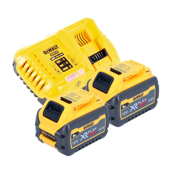 DeWalt Akku-Starterset bestehend aus einem Schnellladegerät DCB118 und zwei XR Flexvolt Akkus mit 18 Volt oder 54 Volt und 6 Amperestunden.