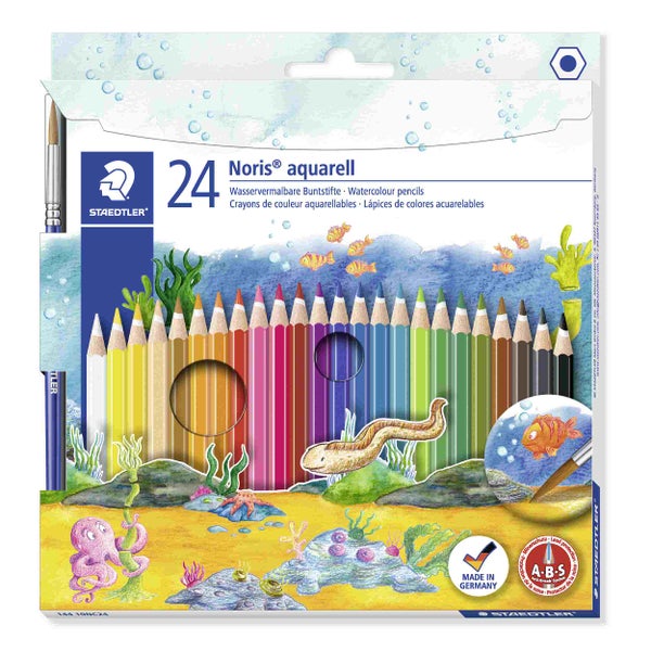 Staedtler Noris Aquarell Buntstifte, 24 Stück, wasservermalbar, mit Made in Germany Kennzeichen und A.B.S. Minenschutz