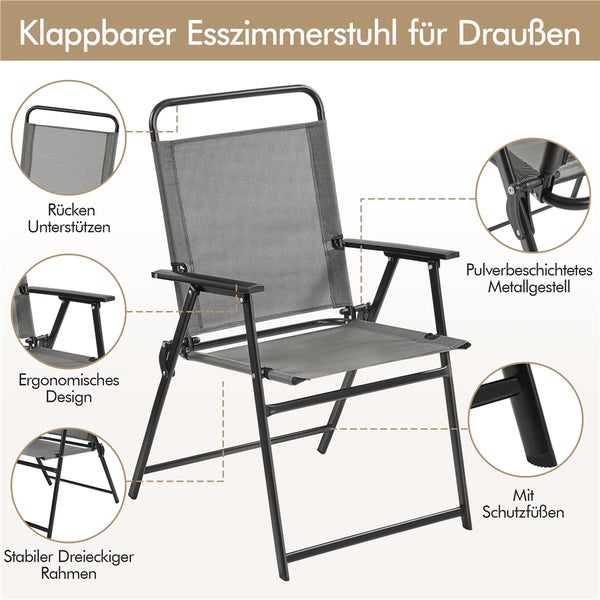 Klappbarer Gartenstuhl aus Metall mit Textilbespannung. Infografik zeigt Details wie Rückenlehne, ergonomische Armlehnen und stabiles Metallgestell.