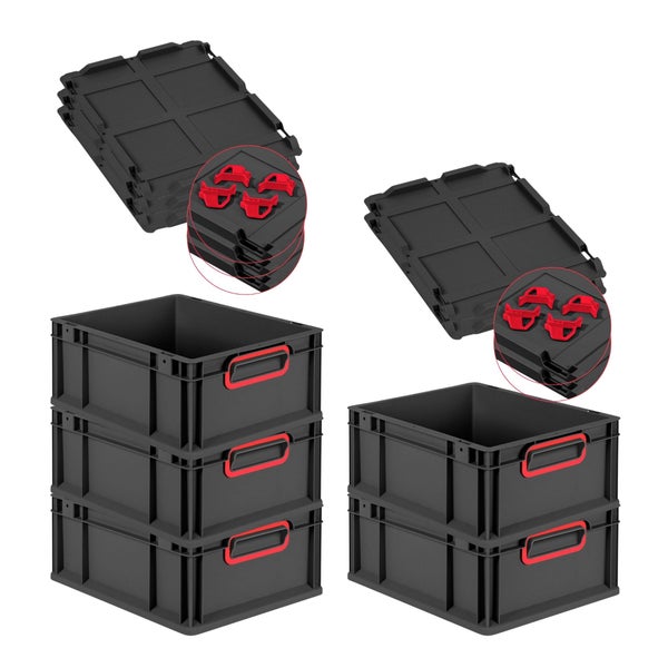 PROREGAL SparSet 5x Eurobox NextGen Color mit Auflagedeckel und Schiebeschnappverschlüsse, HxBxT 17x30x40cm, 16 Liter, Schwarz, Griffe rot geschlossen, Eurobehälter, Transportbox, Transportbehälter, Stapelbehälter