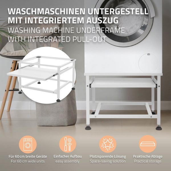 ML-Design Waschmaschinen-Untergestell mit ausziehbarer Ablage, Weiß, 62,5x53,5x45 cm, aus Stahl, bis 150kg, höhenverstellbaren Füße, Waschmaschinensockel Trocknersockel Podest Unterschrank Erhöhung