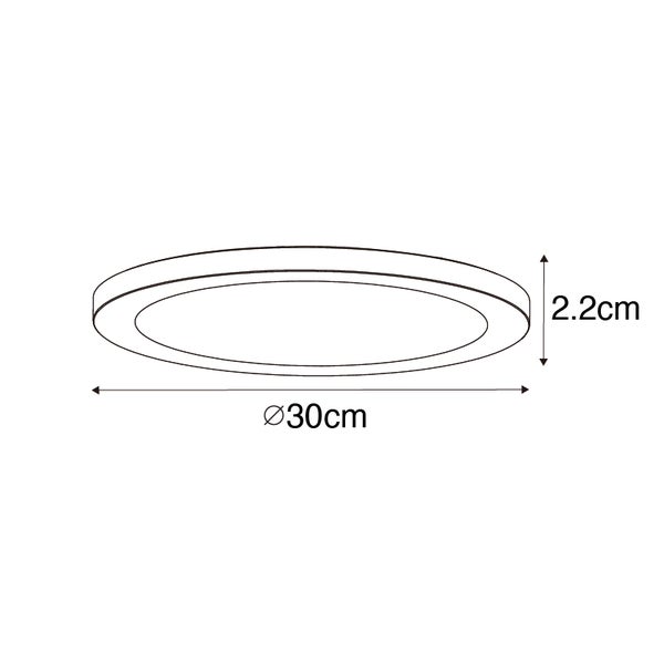 Technische Zeichnung einer runden LED-Deckenleuchte mit einem Durchmesser von 30 Zentimetern und einer Höhe von 2,2 Zentimetern.
