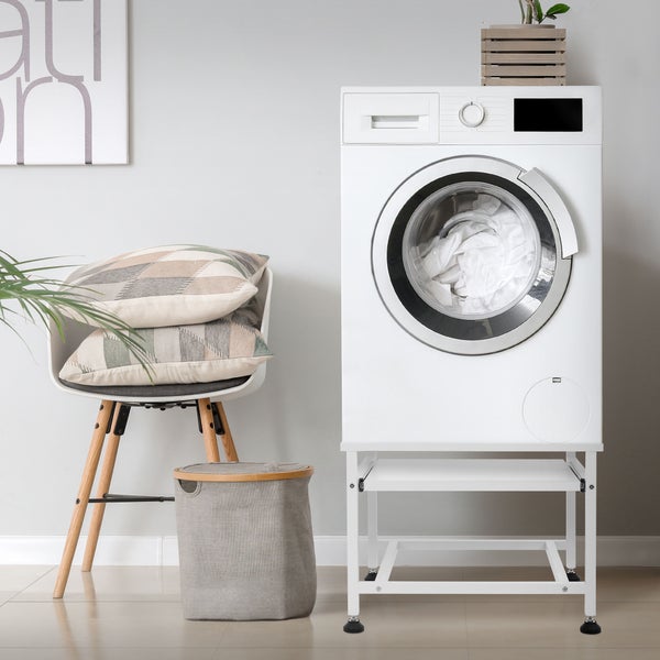 ML-Design Waschmaschinen-Untergestell mit ausziehbarer Ablage, Weiß, 62,5x53,5x45 cm, aus Stahl, bis 150kg, höhenverstellbaren Füße, Waschmaschinensockel Trocknersockel Podest Unterschrank Erhöhung