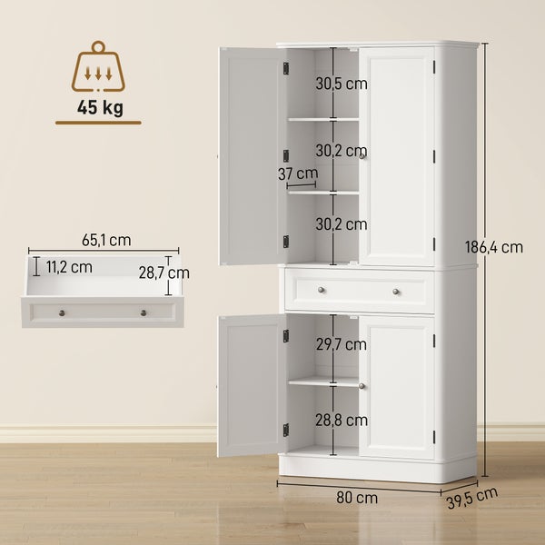 Weißer Vorratsschrank mit Abmessungen: Höhe 186,4 Zentimeter, Breite 80 Zentimeter, Tiefe 39,5 Zentimeter. Tragkraft 45 Kilogramm.