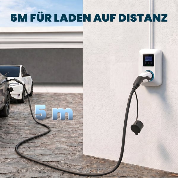 Wandmontierte Elektroauto Ladestation mit fünf Meter Ladekabel verbunden mit einem Elektrofahrzeug an einer Hauswand.
