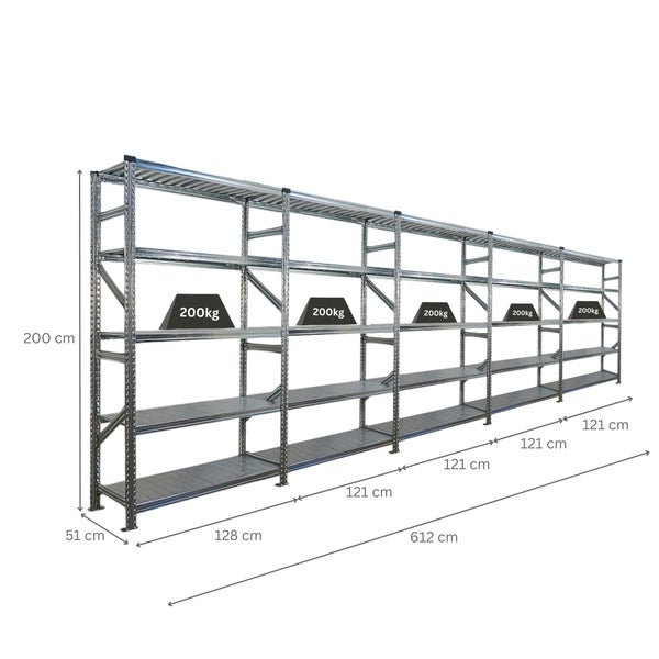 Metallregal mit fünf Regalböden und einer Traglast von 200 Kilogramm pro Regalboden