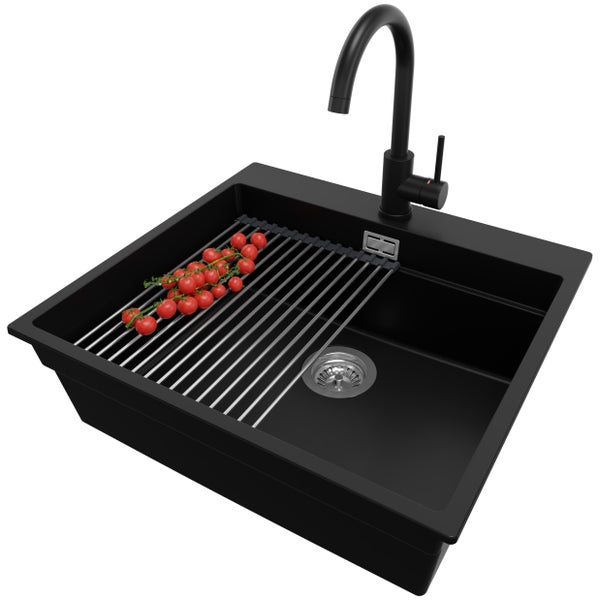 PRIMAGRAN Granitspüle Schwarz 58x53cm, Spülbecken 1 Becken + Küchenarmatur 32x20cm + Ablauf-Set + Aufrollbare Abtropffläche, Küchenspüle ab 60er Unterschrank - Oslo Max