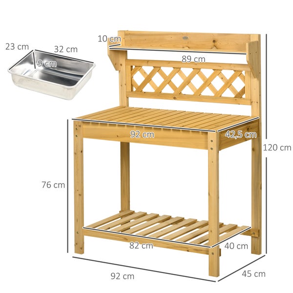 Outsunny Pflanztisch, Arbeitstisch mit ausziehbarer Tischplatte, 2 Ablagefächern, Gärtnertisch mit integriertem Edelstahl-Spülbecken, Blumentisch aus Massivholz, 92 x 45 x 120 cm, Braun