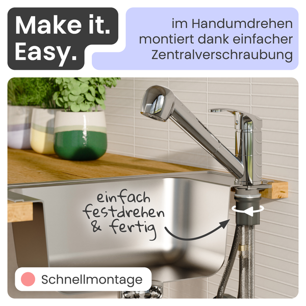 Küchenarmatur mit einfacher Zentralverschraubung für schnelle Montage