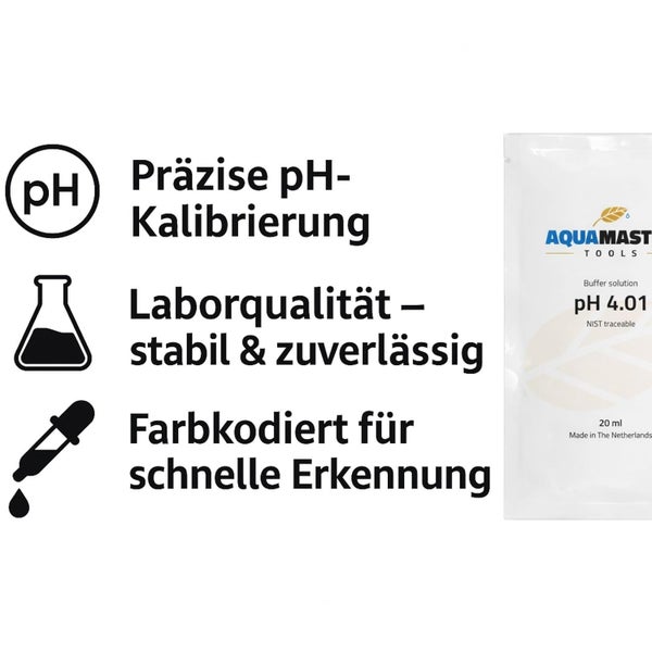 Aquamaster Pufferlösung pH 4.01 zur präzisen pH-Kalibrierung in Laborqualität, farbkodiert für schnelle Erkennung, 20 Milliliter Sachet.
