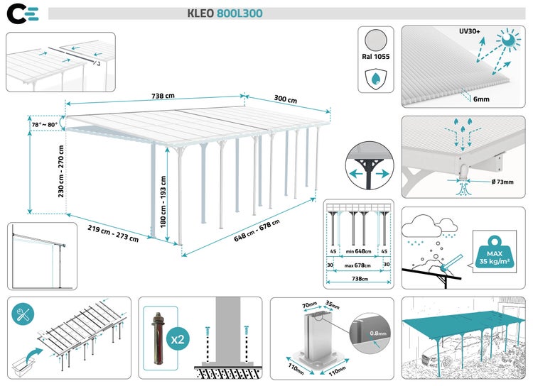 Angebaute Pergola/Carport 24m² KLEO 800L300 Aluminium Weiß