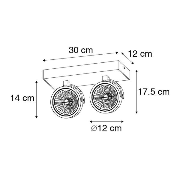 Abmessungen einer Deckenleuchte mit zwei Strahlern: 30 cm breit, 12 cm tief, 17,5 cm hoch, Strahlerdurchmesser 12 cm, Abstand der Strahler zur Decke 14 cm.