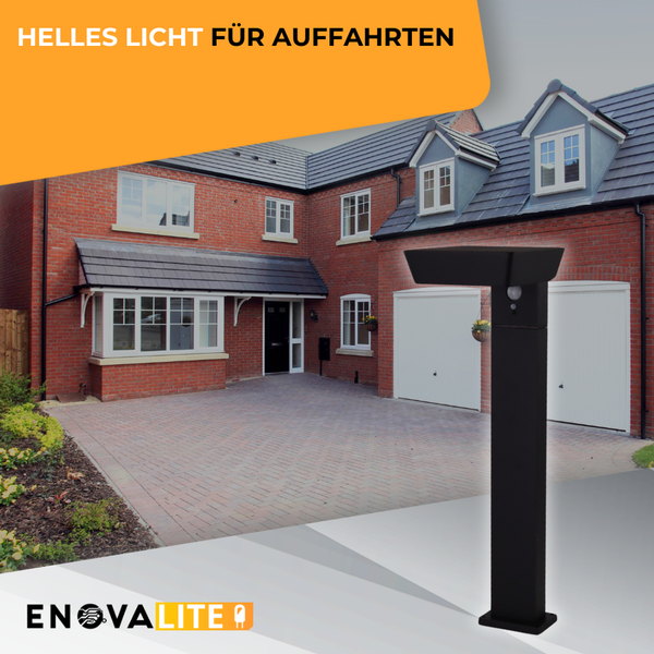EnovaLite Wegeleuchte mit Bewegungsmelder vor einem Haus