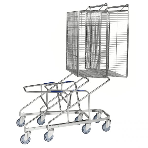 Zwei Transportwagen aus Metall mit Rollen und Gitteraufsatz