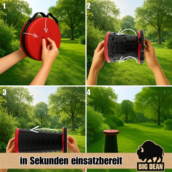 Bilderreihe zur Anwendung eines Teleskophockers im Außenbereich, mit Big Dean Logo