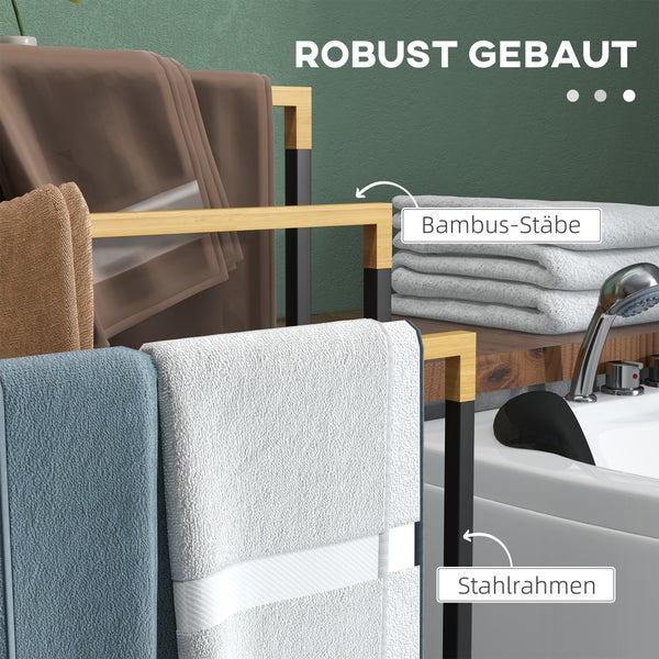 kleankin Handtuchhalter Freistehend, Handtuchständer mit 3 Handtuchstangen Badetuchhalter für Badezimmer Stahl Bambus Schwarz