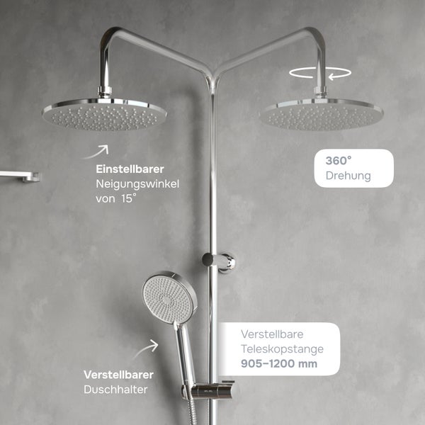 Duschsystem mit zwei Duschköpfen, höhenverstellbarer Teleskopstange von 905 bis 1200 Millimeter und verstellbarem Neigungswinkel.