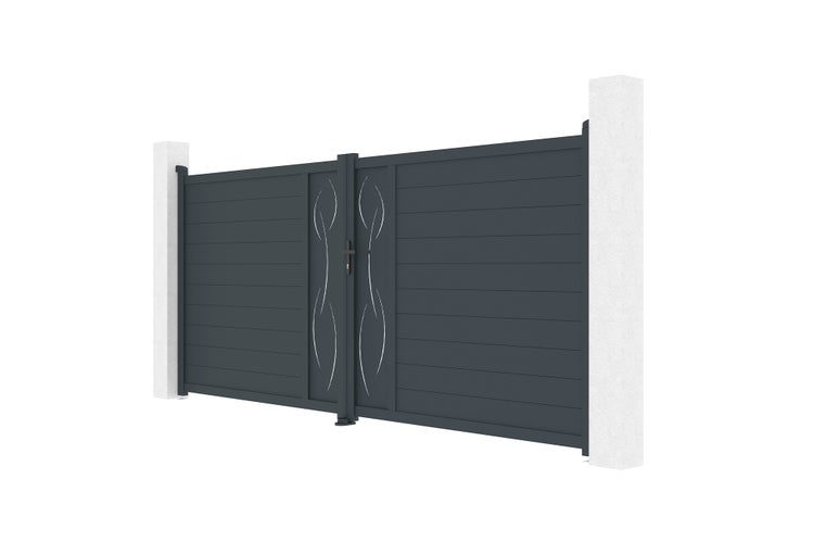 Zweiflügeliges Hoftor aus Aluminium in Anthrazit mit dekorativen Mustern und horizontalen Lamellen zwischen zwei Pfosten.