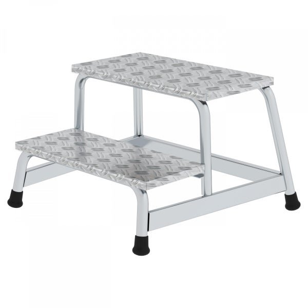 Aluminium-Trittschemel mit zwei Stufen und Riffelblech für einen sicheren Stand.