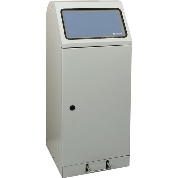 Lichtgrauer Computerarbeitsplatz aus Stahlblech mit Monitorfenster und abschließbarer Tür.