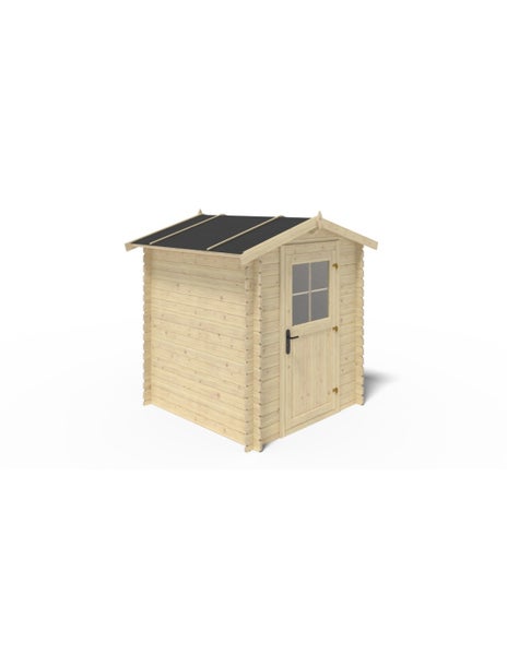 Gartenhaus aus naturbelassenem Holz mit Satteldach, Einzeltür mit Lichtausschnitt und schwarzer Klinke.