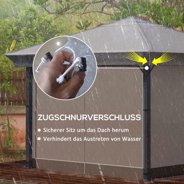 Gartenpavillon im Regen mit Detailansicht eines Zugschnurverschlusses für einen sicheren Sitz des Dachs.