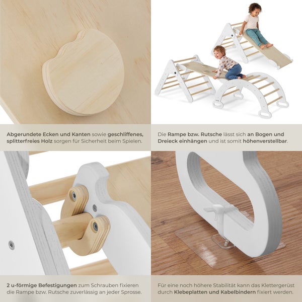 Pikler Dreieck Klettergerüst mit Rutsche aus Holz für Kinder, höhenverstellbar mit sicherheitsgeprüfter Konstruktion und optionaler Fixierung.