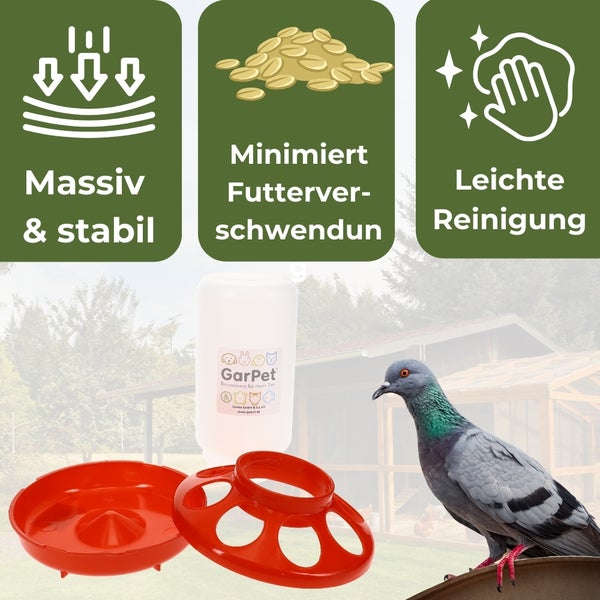 GarPet Futterautomat für Tauben mit den Produkteigenschaften massiv, stabil, minimiert Futterverschwendung und leichte Reinigung.
