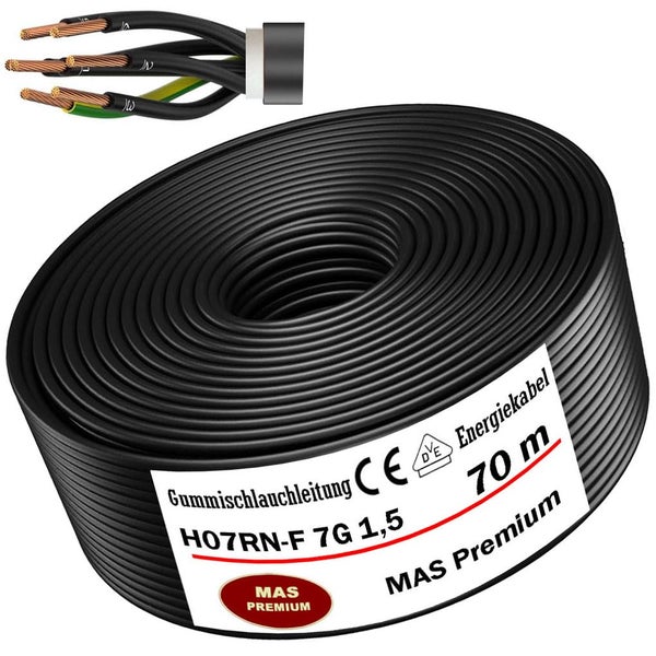Gummischlauchleitung H07RN-F 7G 1,5 Quadratmillimeter, 70 Meter, schwarzes Energiekabel, MAS Premium Logo, Europäische Konformität, VDE-geprüft.