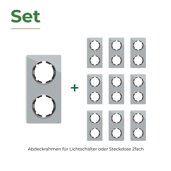 Set mit 10 zweifachen Abdeckrahmen für Lichtschalter oder Steckdosen in rechteckiger Ausführung.