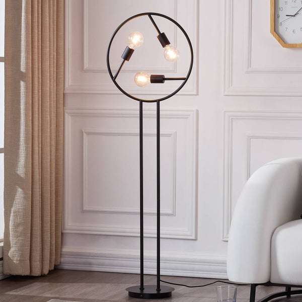 Schwarze Stehlampe mit drei Leuchtmitteln in kreisförmigem Design