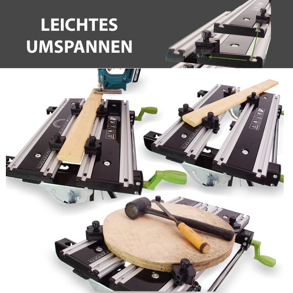 Spann- und Maschinentisch mit variablen Spannbacken für sicheres Fixieren von Werkstücken zur Holzbearbeitung.