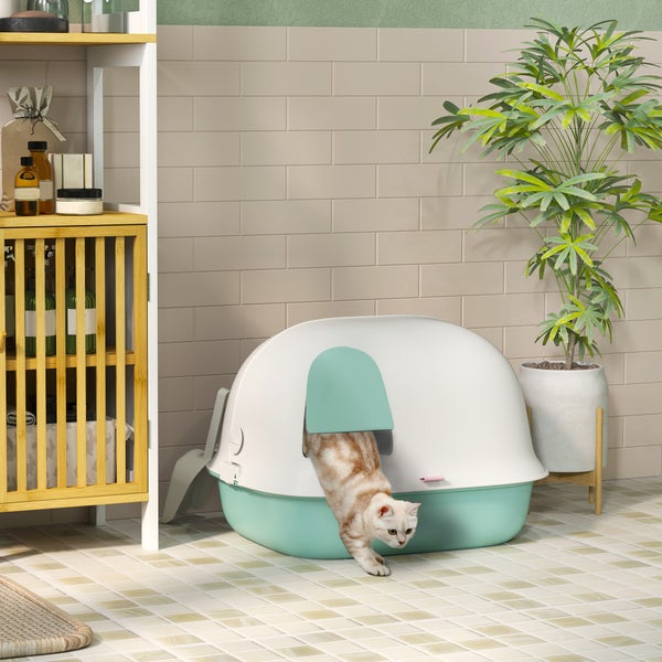 PawHut Katzentoilette mit Deckel, Katzenklo mit Sieb, Tür, Schaufel, geschlossen Katze Toilettenhaus für kleine Katze unter 3,5 kg, Indoor, Kunststoff, Grün