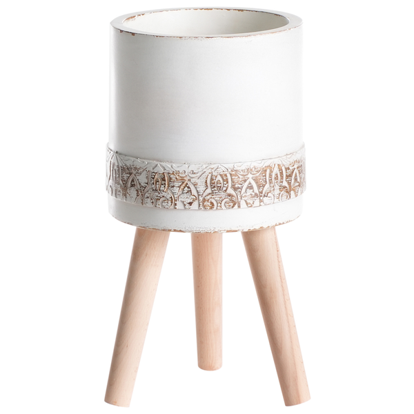 Produktdiagramm eines Blumentopfes mit den Maßen: 22 cm Durchmesser, 1 cm Rand, 43 cm Höhe, 17 cm Basisbreite und 20 cm Beinlänge