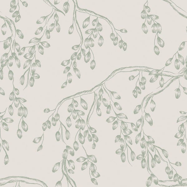 Vliestapete mit handgezeichnetem Muster aus feinen Zweigen und Knospen.