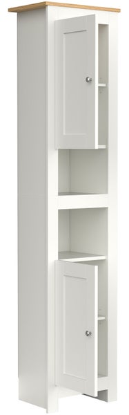 Weißer Hochschrank mit zwei offenen Regalen und zwei Türen