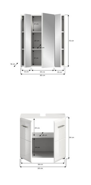 Badezimmermöbel bestehend aus einem Spiegelschrank und einem Waschbeckenunterschrank mit Maßangaben in Zentimeter.