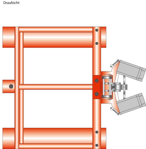 Draufsicht auf ein Rahmenelement für Gerüste aus orangefarbenen Metallrohren mit Verbindungskupplung.