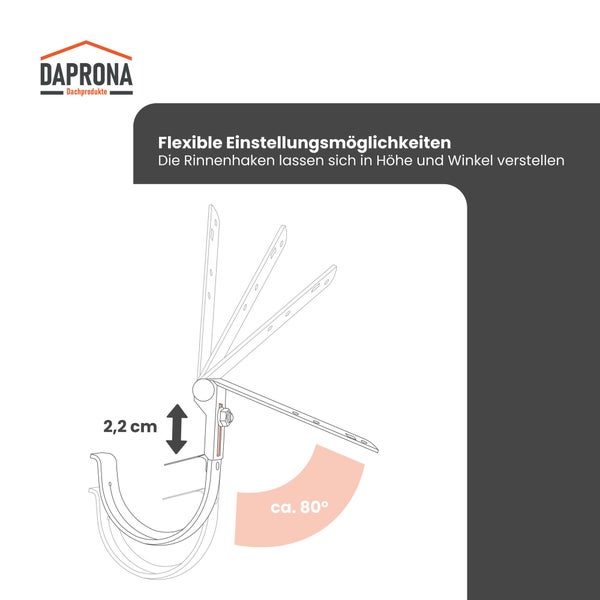 Daprona Logo. Rinnenhaken mit flexibler Höhenverstellung um 2,2 Zentimeter und Winkelverstellung um circa 80 Grad.