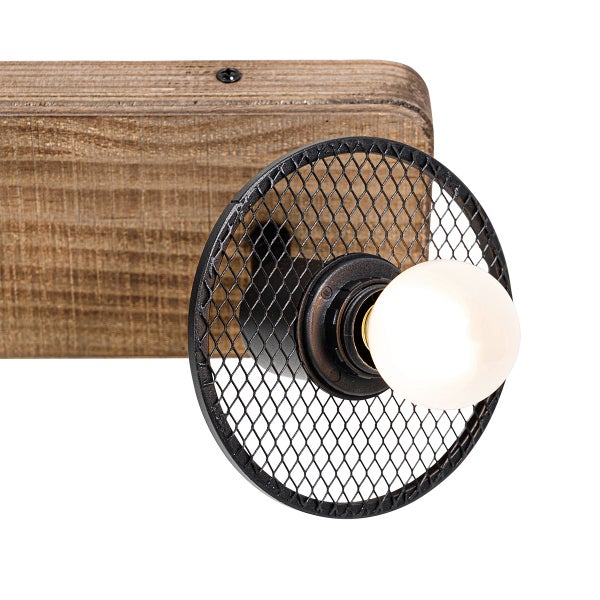 Wandleuchte mit Holzhalterung und Lampenschirm aus Metallgitter