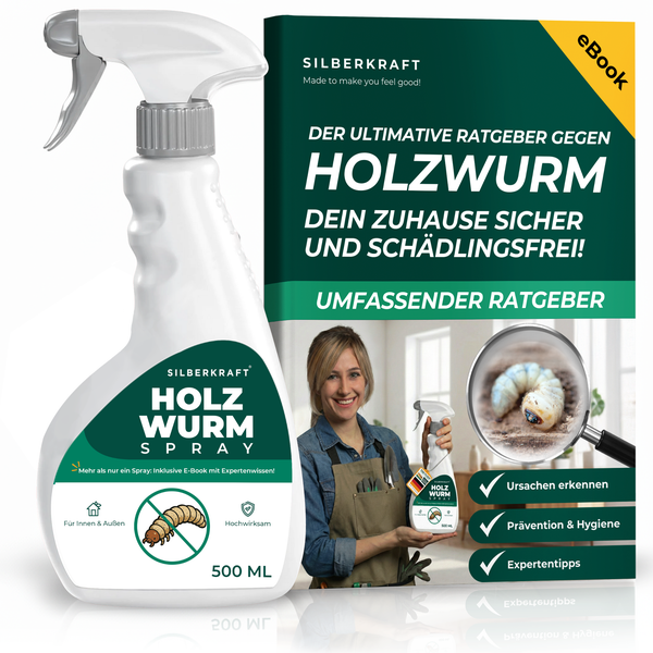 Holzwurmspray mit E-Book Ratgeber von Silberkraft für den Innen- und Außenbereich