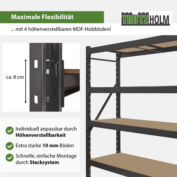 Detailansicht eines Metallregals mit vier höhenverstellbaren MDF-Holzböden und einer Höhenverstellbarkeit von circa 8 Zentimetern. Trutzholm Logo