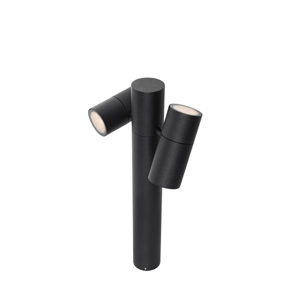 Schwarze Wegeleuchte aus Metall mit zwei verstellbaren Strahlern für den Außenbereich.