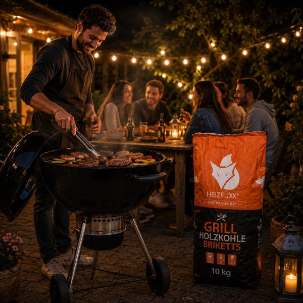 Mann grillt auf einem Kugelgrill bei einer Gartenparty mit Freunden am Abend, Sack Heizfuxx Grill-Holzkohlebriketts zehn Kilogramm im Vordergrund.