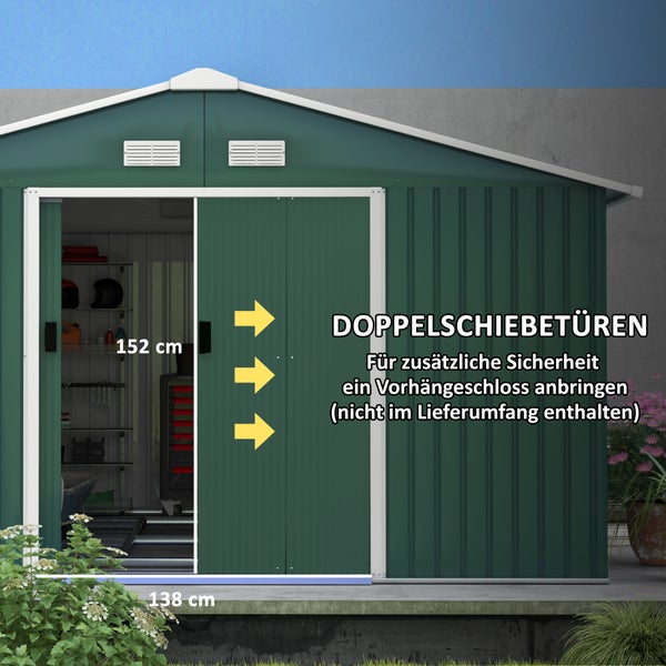 Outsunny Gerätehaus 12,4 m², Gartenhaus mit Pultdach, Schiebetür, Fundament, 386 x 340 x 200 cm, Geräteschuppen aus Verzinkter Stahl, wetterfest, für Garten, Dunkelgrün